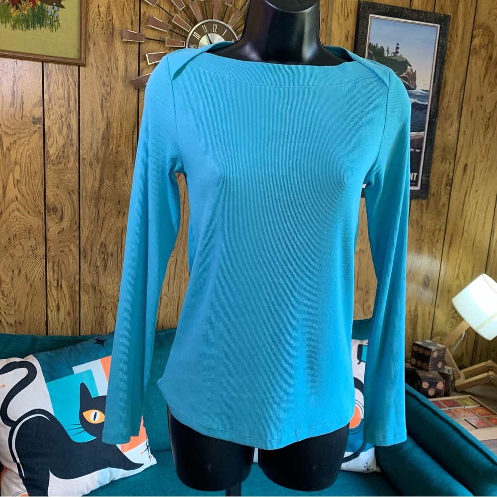 LOFT Turquoise Aqua Long Sleeve Stretch Knit Top